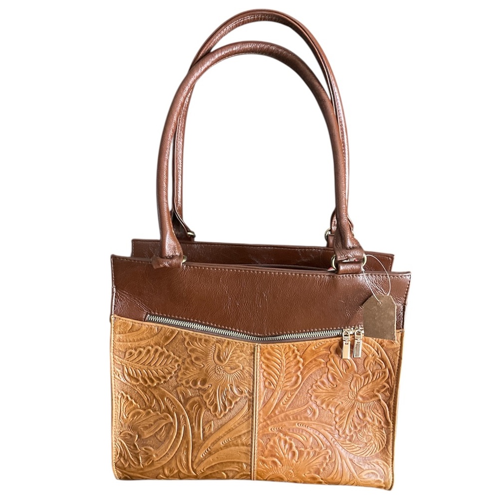 Michelle Brown & tan etched leather handbag